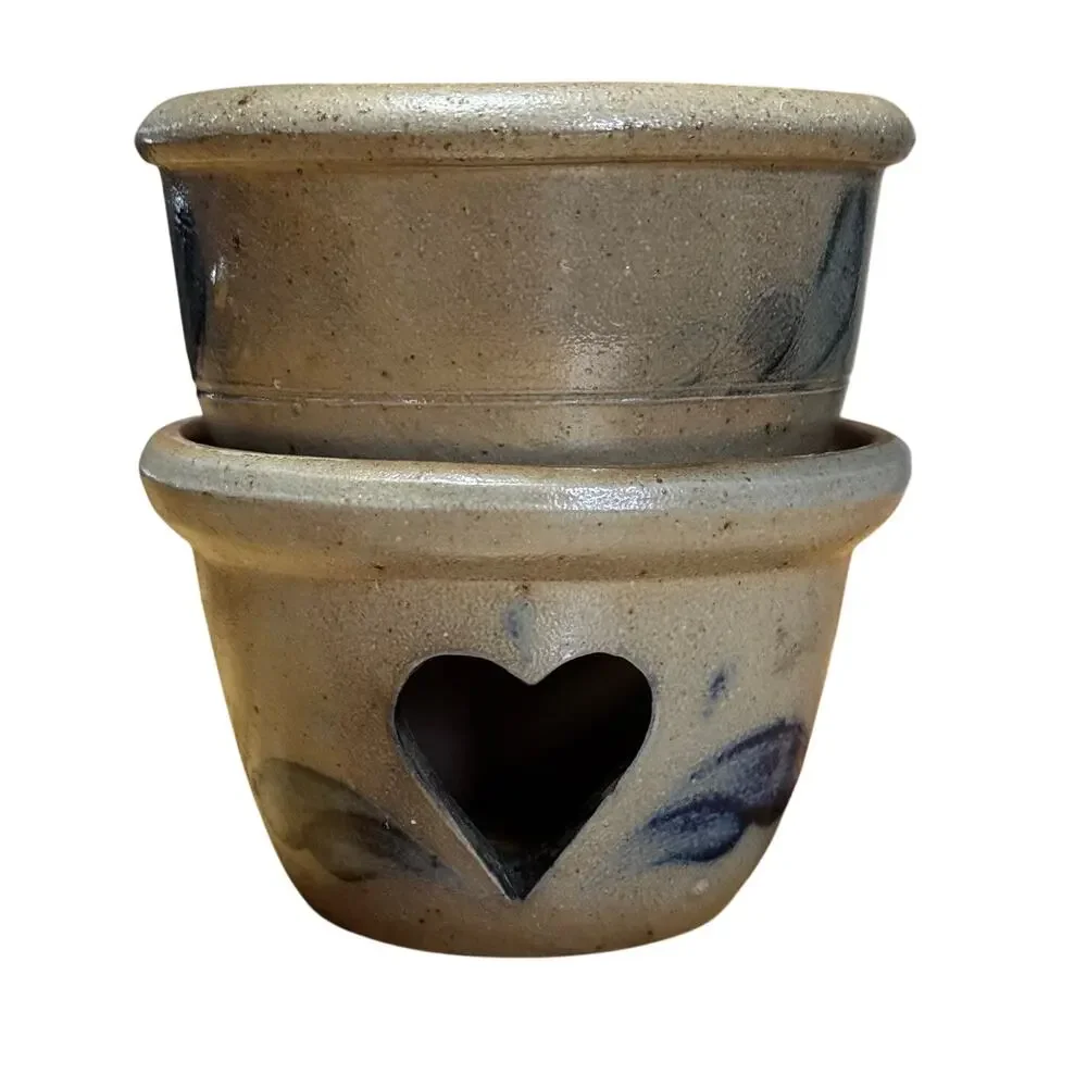 Vintage 1987 Rowe Pottery Works Brew Pot Candle Tart Warmer Blue Heart Cutout